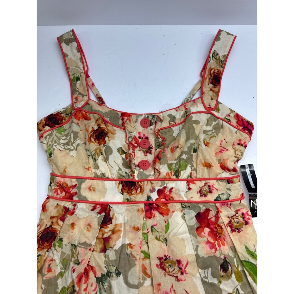 New Directions Floral Sun Dress Ivory Peach Ruffle Button Smocked Back Size 4 - Picture 3 of 14